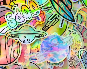50PCS Holographic Space Alien Stickers Pack, Mysterious UFO Planet Stickers, Cosmic Graffiti Aesthetic Stickers for Laptop, Phone Case