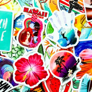 50PCS Summer Beach Stickers Pack, Tropical Passion Surf Stickers, Hawaii Vacation Style Stickers for Water Bottle, Phone Case, Scrapbook