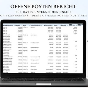 May include: A laptop screen displaying a spreadsheet with the title "Offene Posten Bericht" and the text "Für DATEV Unternehmen Online" and "Endlich Transparenz - Deine offenen Posten auf einen Blick". The spreadsheet shows a list of customer accounts, due dates, and amounts owed. The Google Sheets logo is visible in the lower right corner of the image.