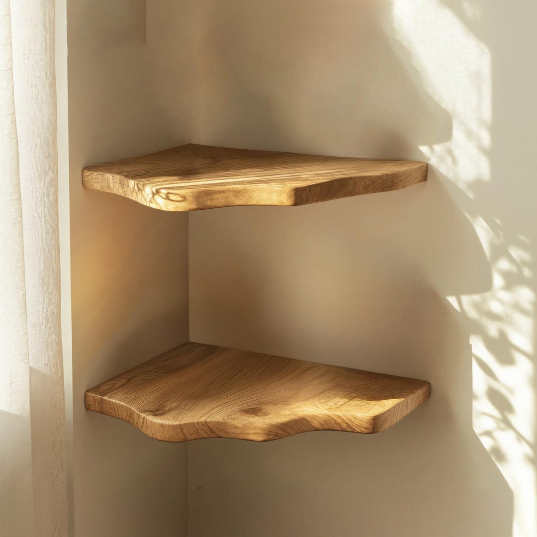 Cozy Live Edge Solid Wood Corner Floating Shelf for Reading Corner Home ...