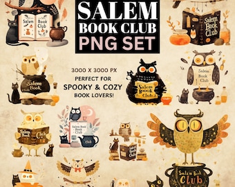 May include: A set of 24 digital illustrations featuring owls, cats, and books with a Halloween theme. The illustrations are in a cartoon style and feature a variety of colors, including black, orange, purple, and green. The text "Salem Book Club" appears on several of the illustrations.