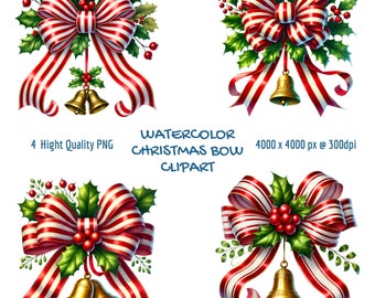 Watercolor Christmas Bow Clipart: Red and White Holly Bells (Digital Art)