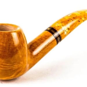 May include: A handcrafted tobacco pipe with a rounded bowl and a curved stem. The pipe is made of wood with a warm, golden-brown finish. The stem has a decorative band and a speckled, amber-colored mouthpiece.