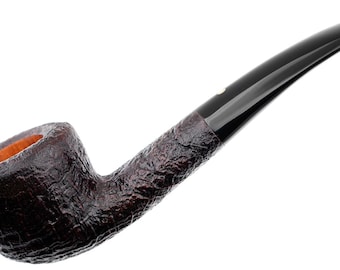 May include: A tobacco pipe featuring a dark brown, deeply textured briar bowl with a smooth, light-coloured interior rim. The pipe has a long, curved, glossy black stem that tapers to a rounded mouthpiece, creating a sleek and functional design.