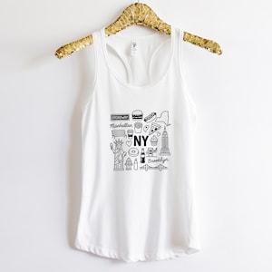 NYC Icons Racerback Tank Top – Cute New York Themed Shirt – Big Apple Souvenir Top – Summer Travel Outfit – NYC Lover Gift