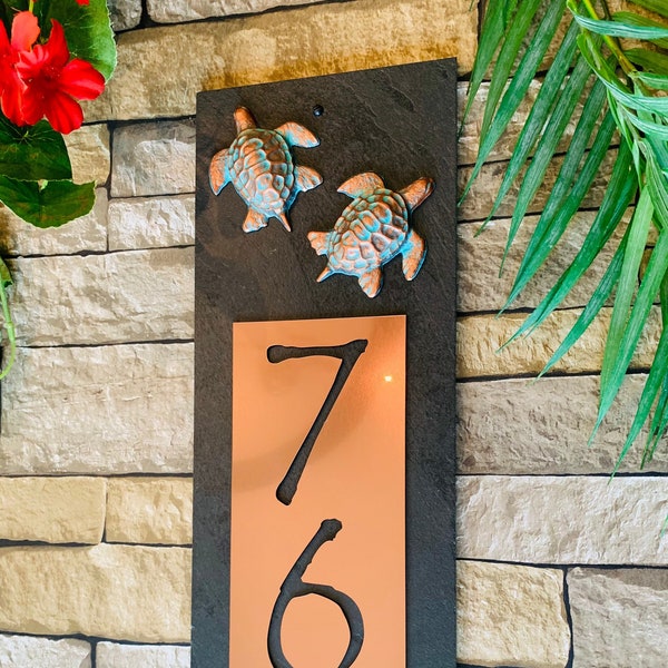 SLATE SEA TURTLE House Numbers, Coastal Home Address Plaque, Vertical Sign