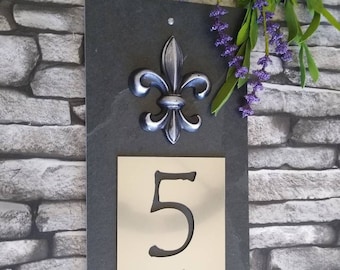 Fleur De Lis  House Numbers, Natural Slate, Vertical Home Address Plaque, Platinum, Copper, or Bronze