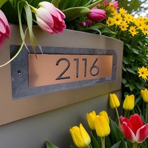 Modern Home Address Plaque, House Numbers, Copper and Slate