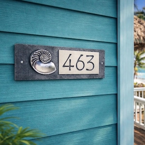 NAUTILUS SHELL Address Plaque,  Coastal House Numbers, Copper, Bronze or Platinum, House Sign