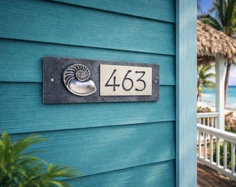 NAUTILUS SHELL Address Plaque,  Coastal House Numbers, Copper, Bronze or Platinum, House Sign