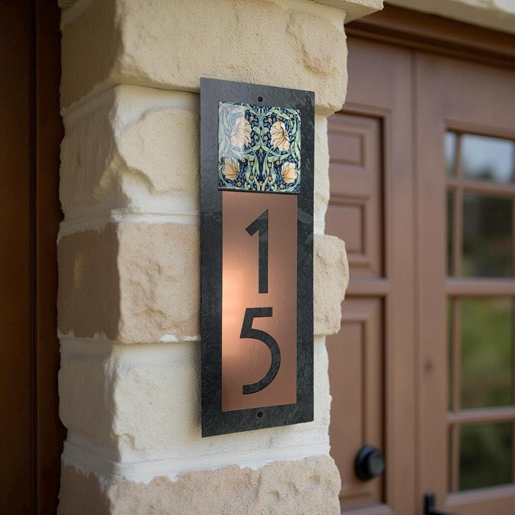 William Morris, Craftsman Bungalow HOUSE NUMBERS, Arts & Crafts Pimpernel Pattern, Vertical Home Address Plaque
