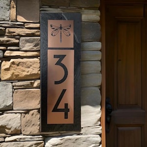 Personalized Gift, Dragonfly House Sign, Craftsman House Numbers, Cooper, Platinum, or Bronze