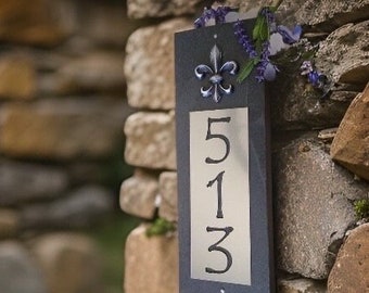 Fleur De Lis  House Numbers, Natural Slate, Vertical Home Address Plaque, Platinum, Copper, or Bronze