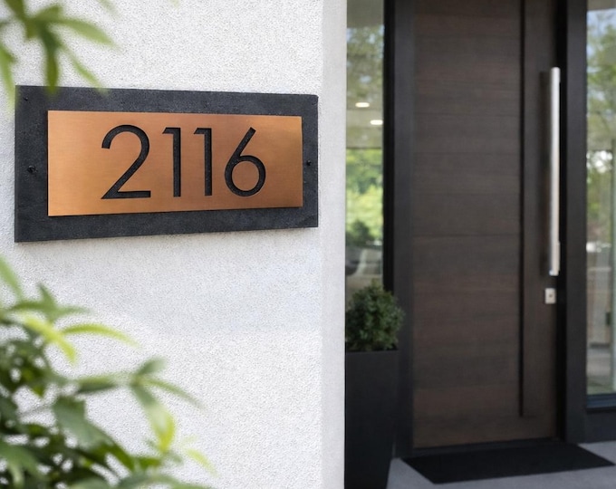 Modern Home Address Plaque, House Numbers, Copper and Slate