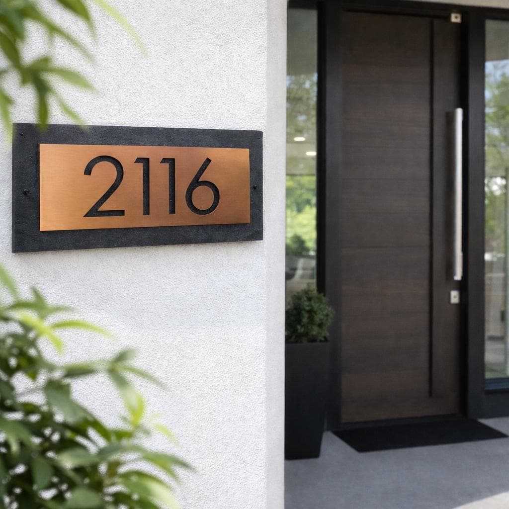 Modern Home Address Plaque, House Numbers, Copper & Slate