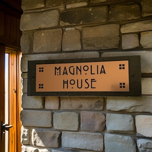 Craftsman House Name Sign, Personalized Gift, Hill House Mission Style Home or Bungalow Plaque, Copper, Platinum or Bronze, 12&quot;x 4&quot;