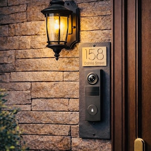 May include: Exterior view of a house with a stone facade. A black lantern-style light fixture is mounted on the wall, illuminating the address plaque that reads "158 Dahlia Street." A doorbell and camera are also visible.
