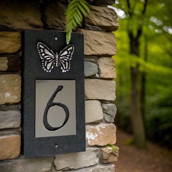 Garden Butterfly House Numbers, Home Address Plaque, Slate Vertical Sign