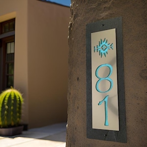 Tribal Southwest Vertical House Numbers, Aqua Blue & Slate Customized Home Address Plaque, Choice of Colors