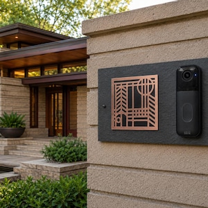 May include: A rectangular dark gray slate plaque mounted on a stone wall, featuring a square copper-colored metal insert with a geometric line pattern and a black vertical video doorbell device positioned to the right of the metal insert.