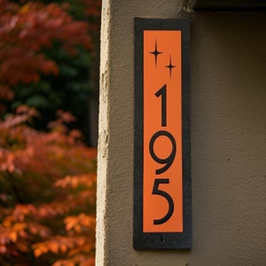 Mid Century Modern Atomic Star Vertical House Numbers, Orange Customized Home Address Plaque