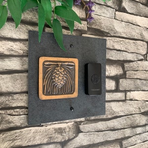 Craftsman Pinecone WIRELESS Doorbell Backplate Bronze, Platinum or Copper on Natural Slate image 9