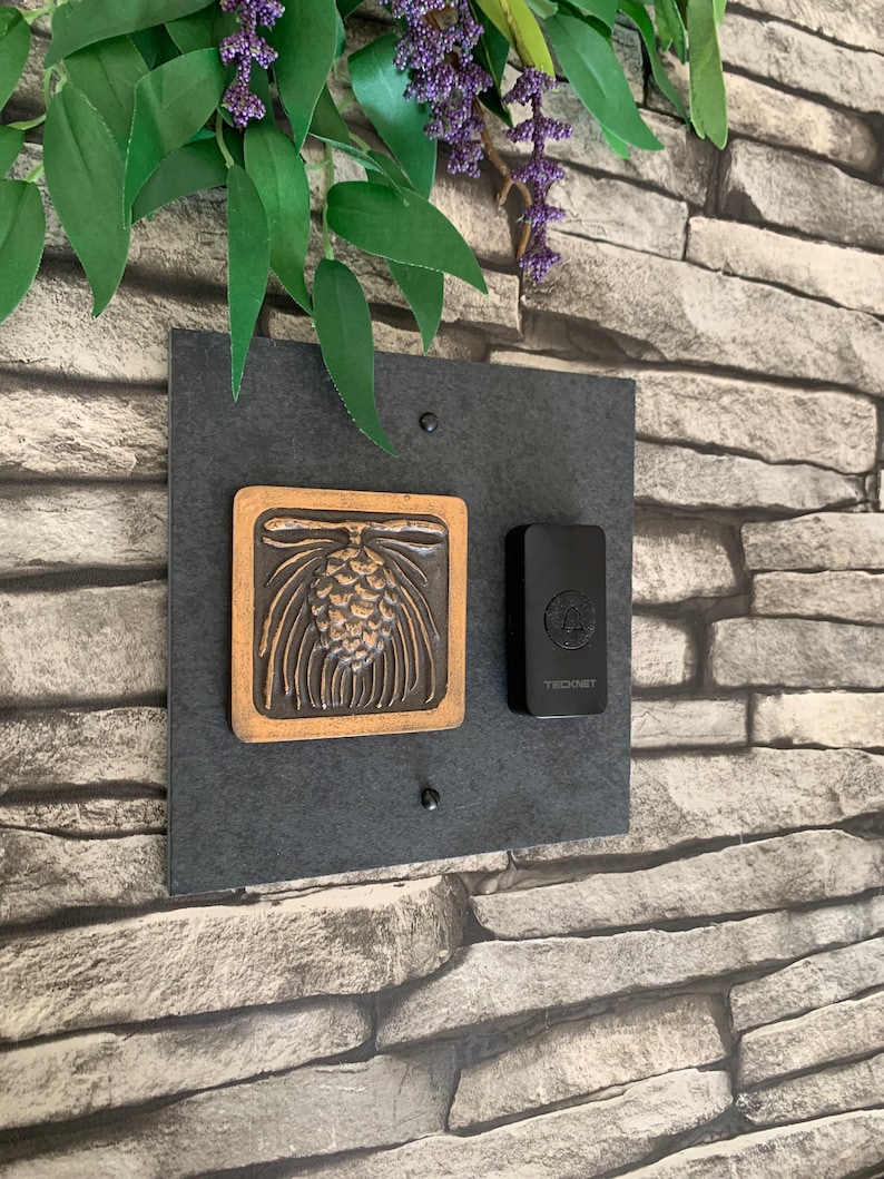 Craftsman Pinecone WIRELESS Doorbell Backplate Bronze, Platinum or Copper on Natural Slate image 9