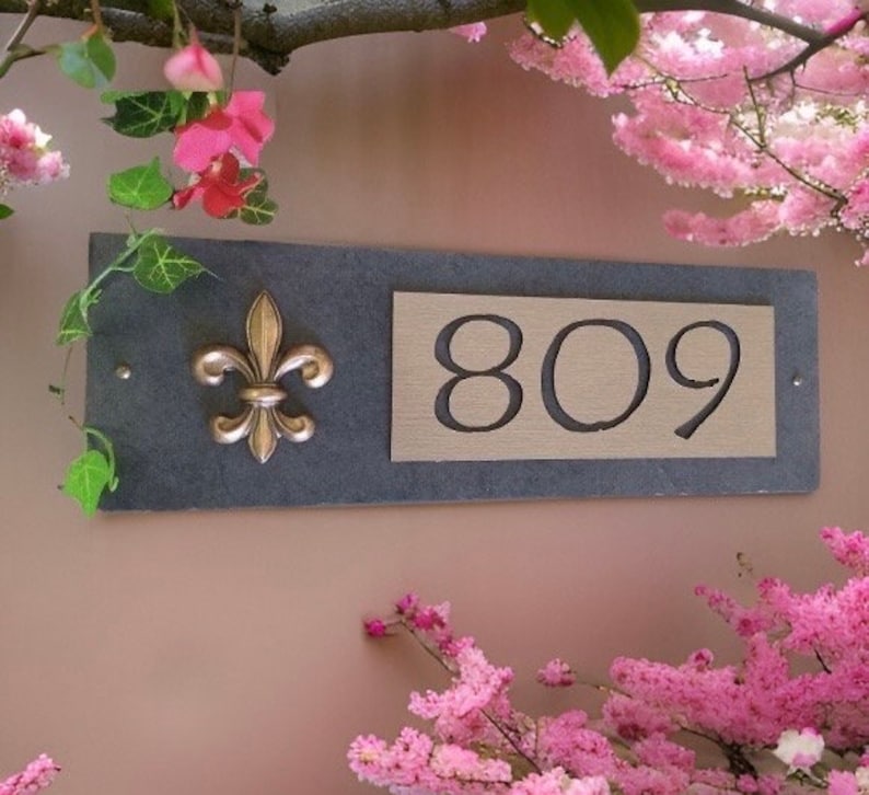 Fleur De Lis House Numbers, French Home Address Plaque, Copper, Bronze or Platinum, House Sign image 1