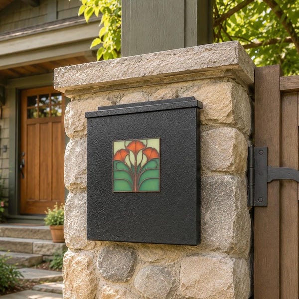 Craftsman Bungalow, Macintosh Inspired Gingko Leaf Mailbox, Hammered Black
