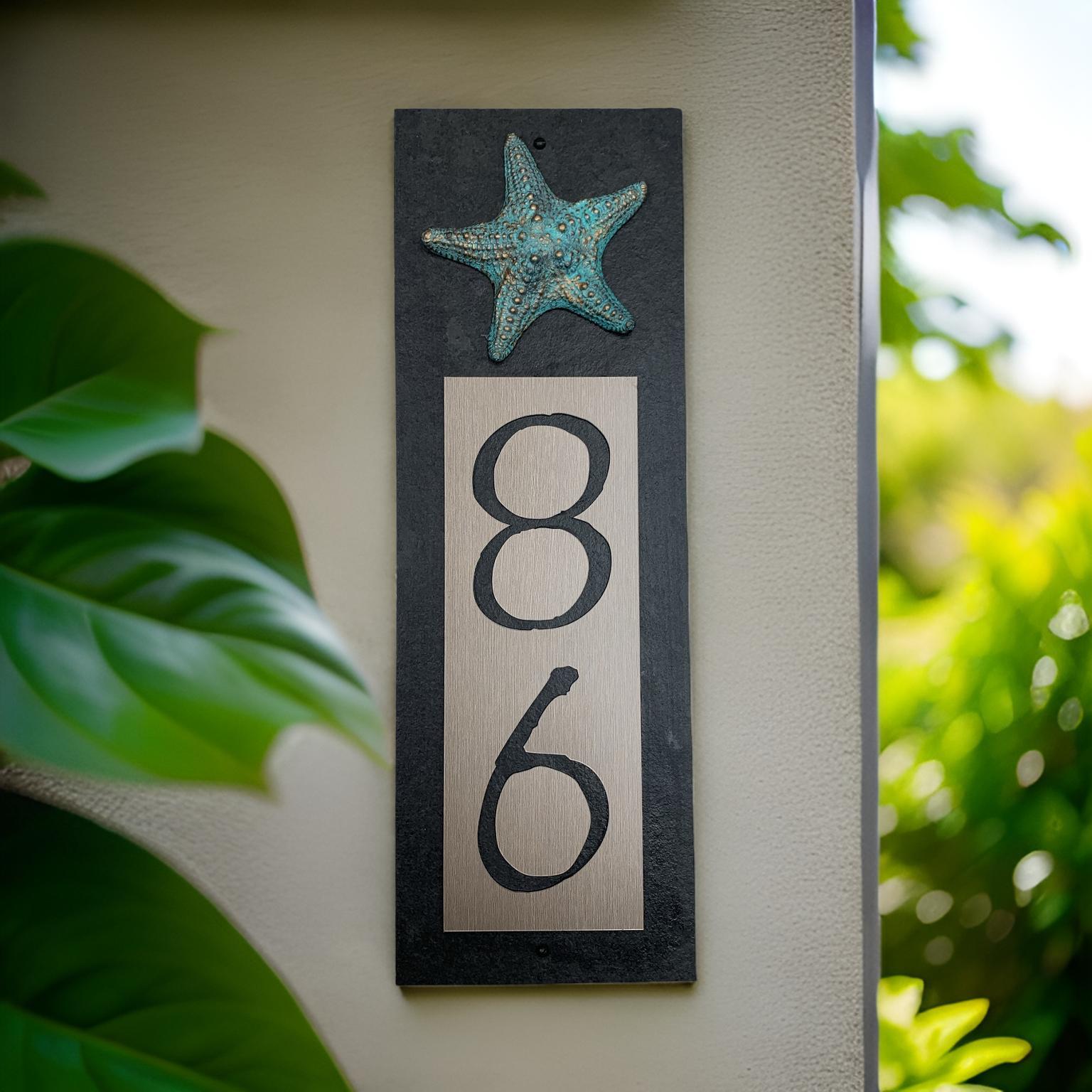 Aqua Blue STARFISH House Numbers, Coastal Home Address Plaque, Slate, Vertical Sign