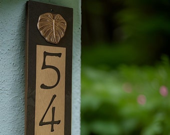Tropical Palm Leaf, Monstera Leaf, House Numbers, Coastal Home Address Plaque, Bronze, Copper or Platinum & Slate, Vertical Sign