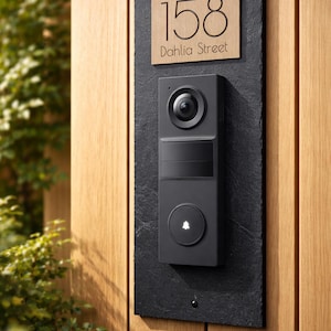 May include: A modern doorbell system mounted on a wooden door. The system includes a black camera, a button, and a wooden plaque with the address "158 Dahlia Street" in a minimalist design. The doorbell is mounted on a dark gray stone.