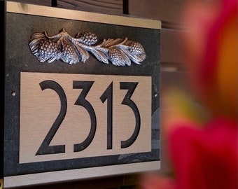 CRAFTSMAN House Numbers, Rustic Pine Cone, Slate, Customized Address Plaque