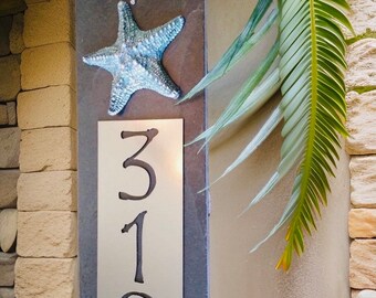 Aqua Blue STARFISH House Numbers, Coastal Home Address Plaque, Slate, Vertical Sign