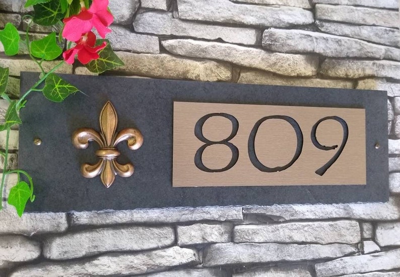 Fleur De Lis House Numbers, French Home Address Plaque, Copper, Bronze or Platinum, House Sign image 2
