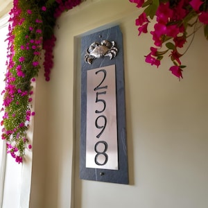 COASTAL Sea Crab House Numbers, Natural Sturdy Slate, Home Address Plaque, Vertical Sign