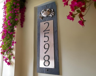 COASTAL Sea Crab House Numbers, Natural Sturdy Slate, Home Address Plaque, Vertical Sign