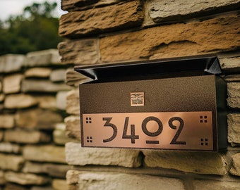 Craftsman Dragonfly Mailbox, Personalized Address House Numbers, Copper or Brushed Bronze on Hammered Bronze