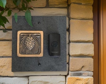 Craftsman Pinecone WIRELESS Doorbell Backplate Bronze, Platinum or Copper on Natural Slate