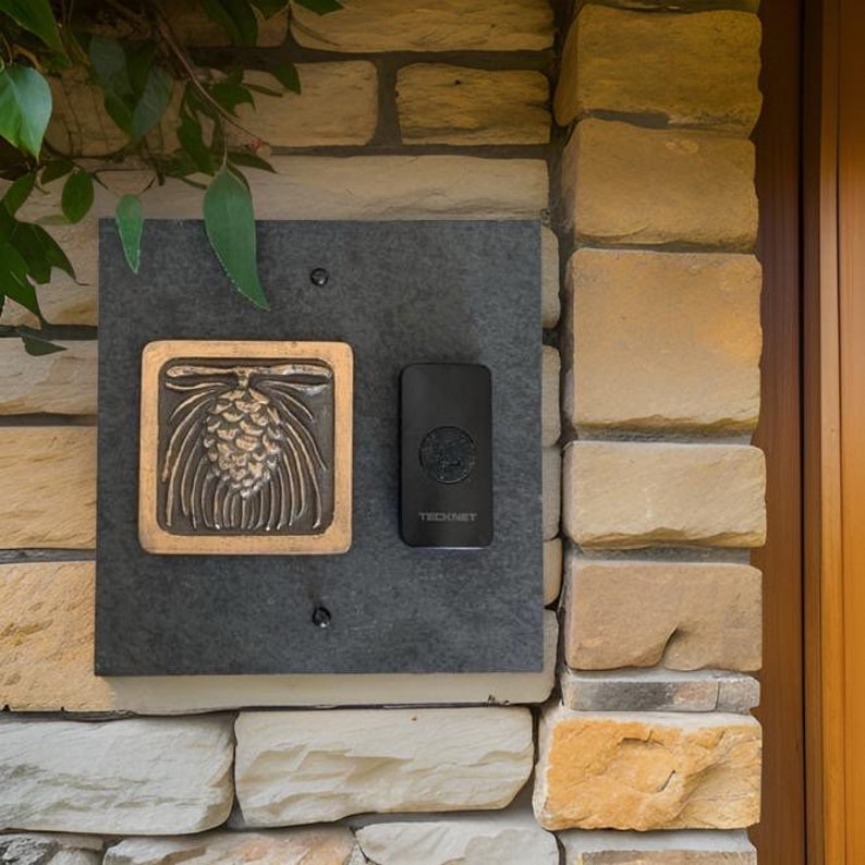 Craftsman Pinecone WIRELESS Doorbell Backplate Bronze, Platinum or Copper on Natural Slate image 1