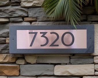 Modern Craftsman Bungalow, Home Address Plaque, House Numbers Sign, Slate Bronze, Copper or Platinum