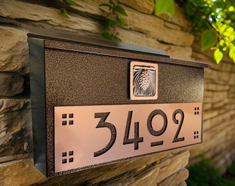 Craftsman Pine Cone Mailbox, Personalized Address House Numbers, Copper or Brushed Bronze on Hammered Bronze