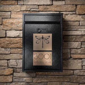 May include: Black mailbox with a combination lock, a dragonfly design, and the address "3001 Embassy Drive" on a copper-colored plate. The mailbox is mounted on a stone wall.