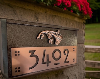 Craftsman Ginkgo Leaf  Mailbox, Personalized Address House Numbers, Copper or Brushed Bronze on Hammered Bronze