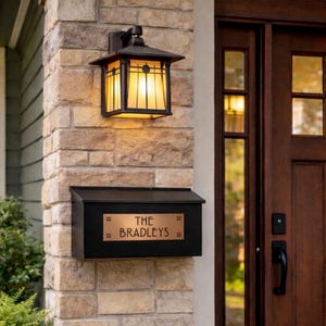 Craftsman home Personalized Mailbox, Copper, Bronze or Platinum on a Hammered Black Box
