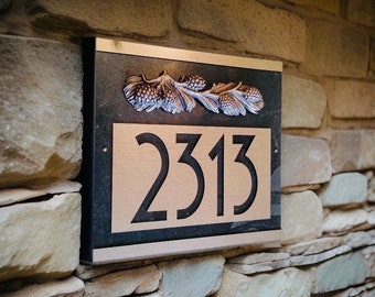 CRAFTSMAN House Numbers, Rustic Pine Cone, Slate, Customized Address Plaque