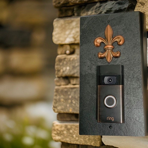 Video Doorbell Slate Mounting Plate, Copper French Fleur De Lis, Choice of colors, 12” x 6”