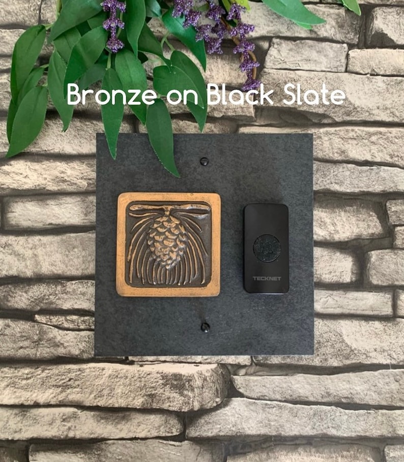 Craftsman Pinecone WIRELESS Doorbell Backplate Bronze, Platinum or Copper on Natural Slate image 3