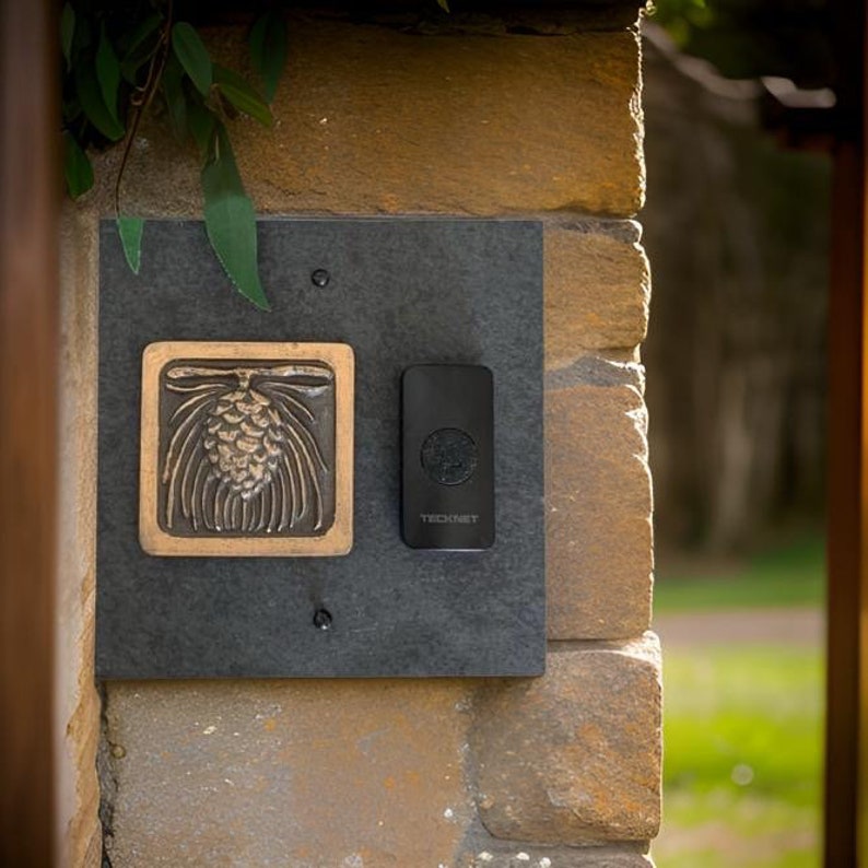 Craftsman Pinecone WIRELESS Doorbell Backplate Bronze, Platinum or Copper on Natural Slate image 5