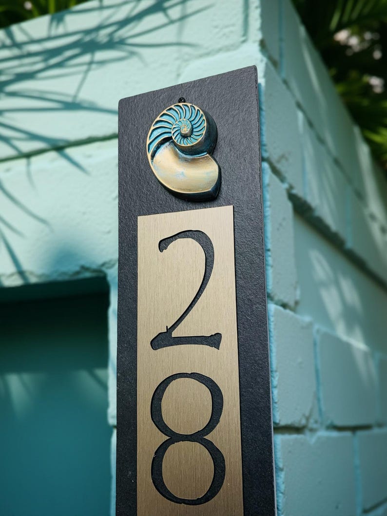 House Numbers Shells COASTAL, Nautilus Shell,slate, House Numbers, Home Address Plaque ...